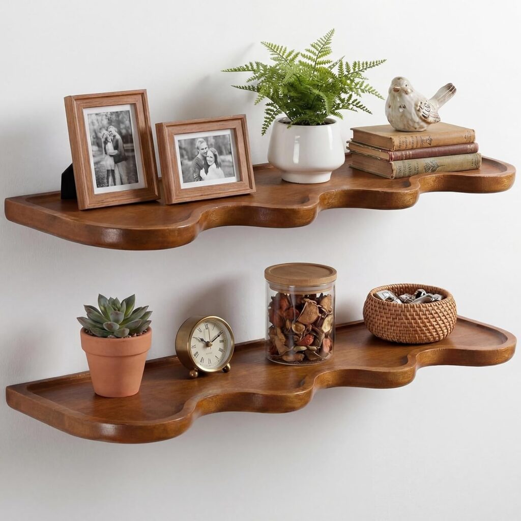 Home 2 Pcs Walnut Floating Shelves for Wall, 24 Inch Scalloped Wave Floating Shelf for Living Room Bedroom, Farmhouse Wall Decor
