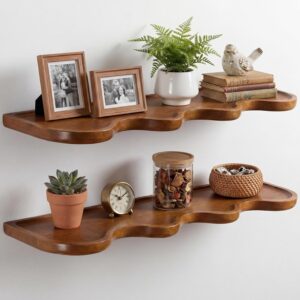 2 Pcs Walnut Floating Shelves for Wall, 24 Inch Scalloped Wave Floating Shelf for Living Room Bedroom, Farmhouse Wall Decor