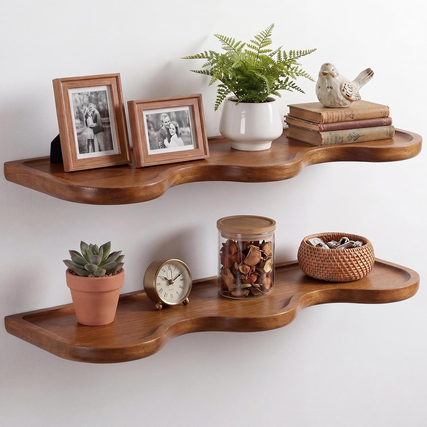 b0g2lzt7wx 2 2 Pcs Walnut Floating Shelves for Wall, 24 Inch Scalloped Wave Floating Shelf for Living Room Bedroom, Farmhouse Wall Decor