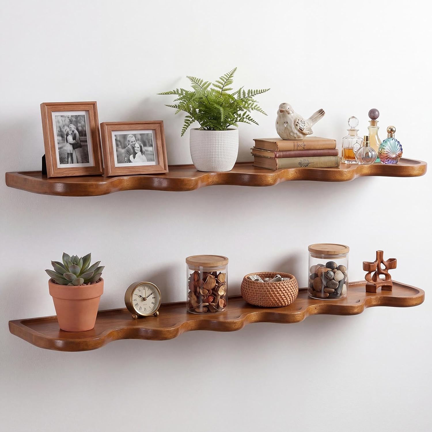 b0g2lzt7wx 3 2 Pcs Walnut Floating Shelves for Wall, 24 Inch Scalloped Wave Floating Shelf for Living Room Bedroom, Farmhouse Wall Decor