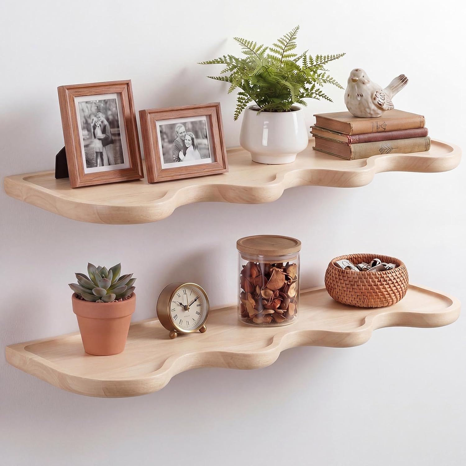 b0g2lzt7wx 4 2 Pcs Walnut Floating Shelves for Wall, 24 Inch Scalloped Wave Floating Shelf for Living Room Bedroom, Farmhouse Wall Decor
