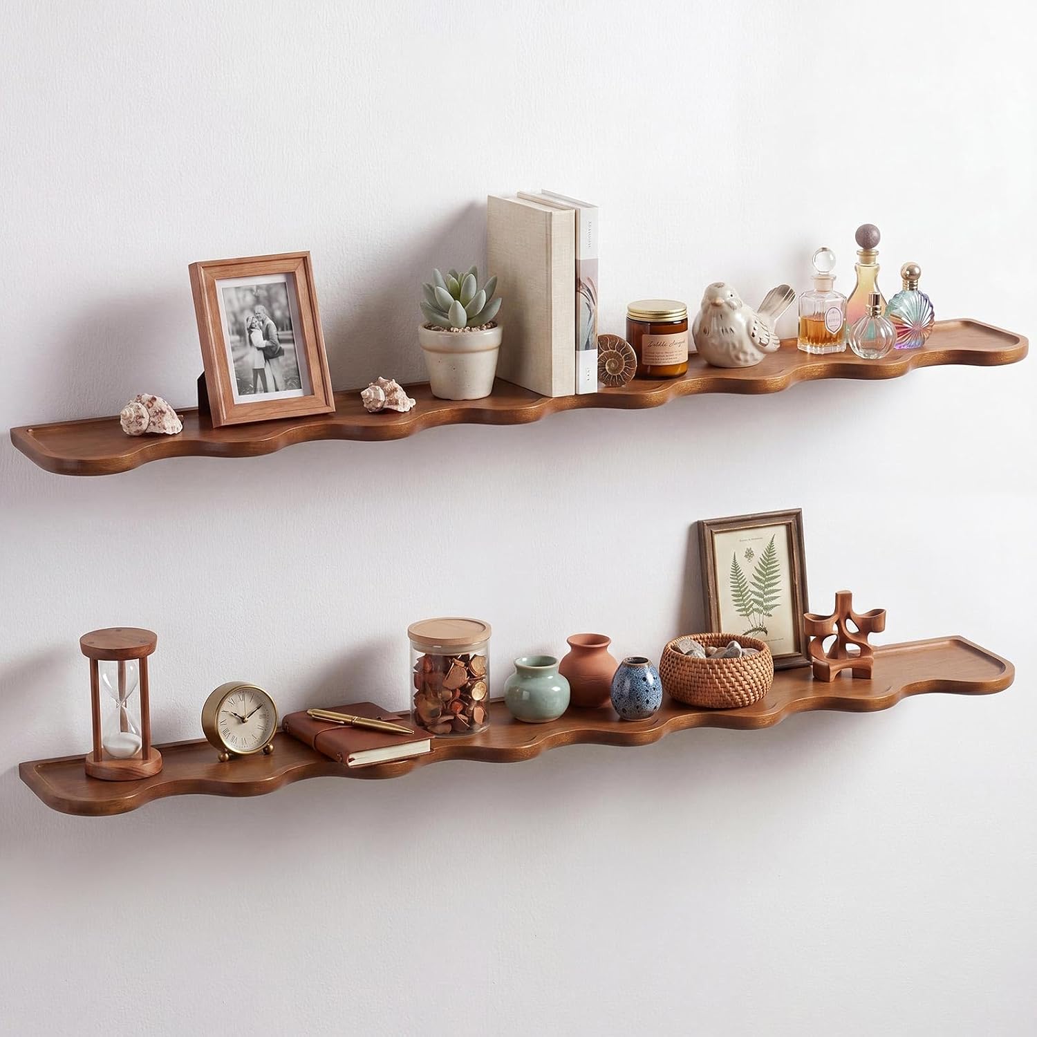 b0g2lzt7wx 5 2 Pcs Walnut Floating Shelves for Wall, 24 Inch Scalloped Wave Floating Shelf for Living Room Bedroom, Farmhouse Wall Decor