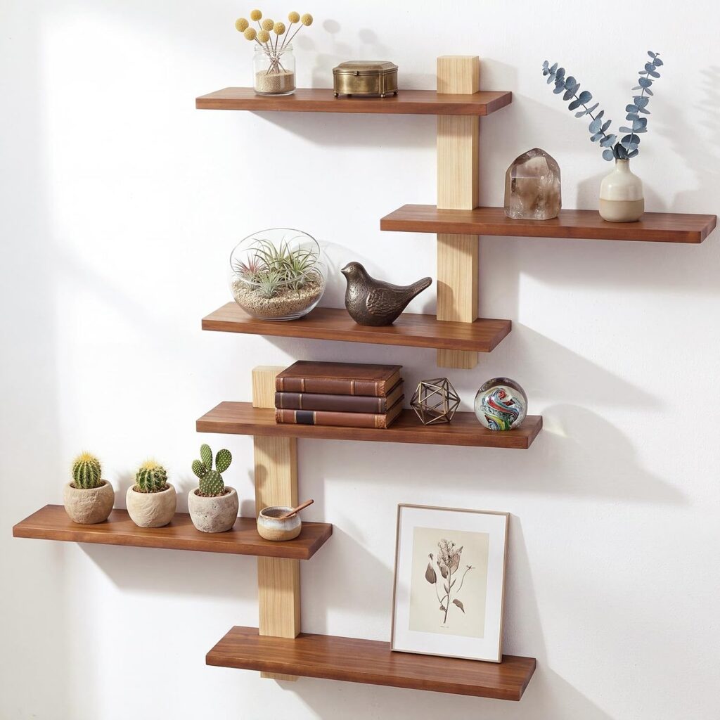 Home 2 Pack Floating Wall Shelf Mid Century Decor, 3 Tier Natural Wood Shelves for Living Room Bedroom, Minimalist Wall Storage