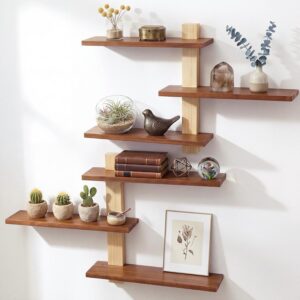 2 Pack Floating Wall Shelf Mid Century Decor, 3 Tier Natural Wood Shelves for Living Room Bedroom, Minimalist Wall Storage